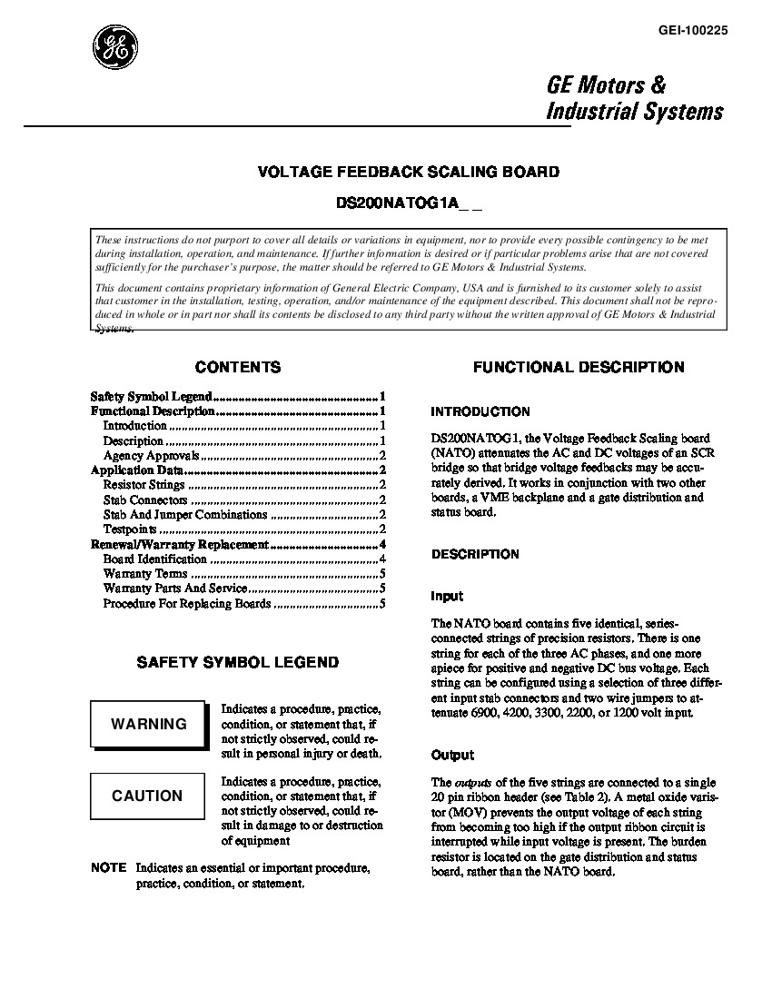First Page Image of DS200NATOG2A Voltage Feedback Scaling Board Manual GEI-100225.pdf